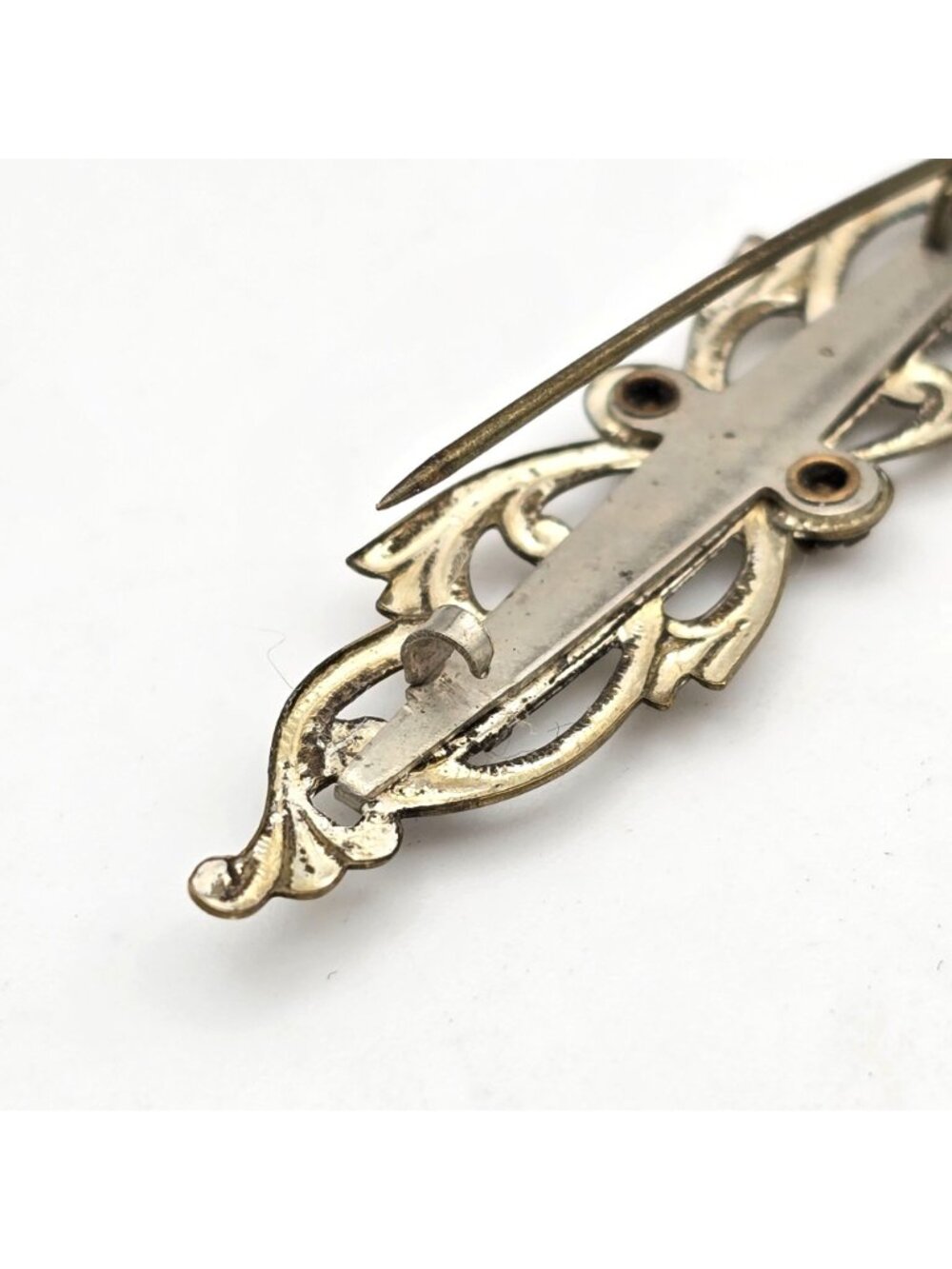 Antique Mother of Pearl Bar Brooch Mixed Tone Metal & Paste Stones - Picture 4 of 6